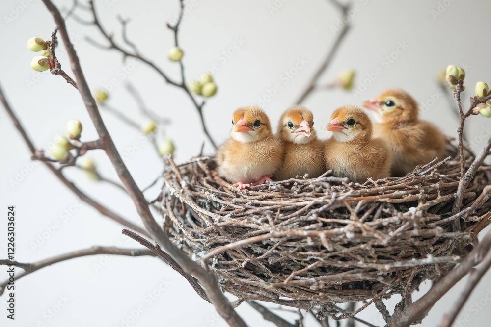 Newly hatched chicks chirping loudly in a cozy nest among budding branches Newly hatched chicks chirping loudly in a cozy nest among budding branches
