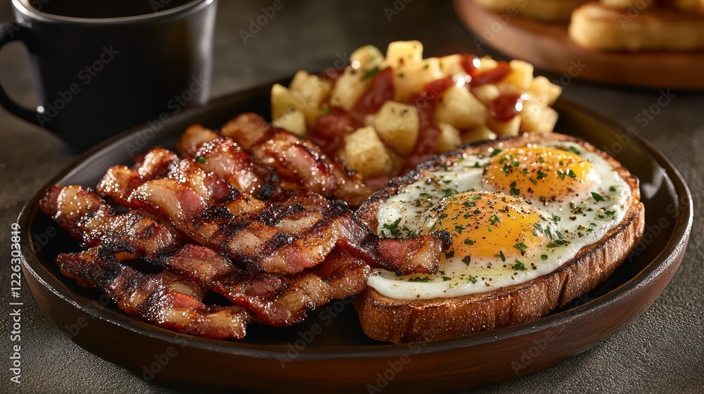 Delicious breakfast plate featuring crispy bacon, fried eggs, and potatoes