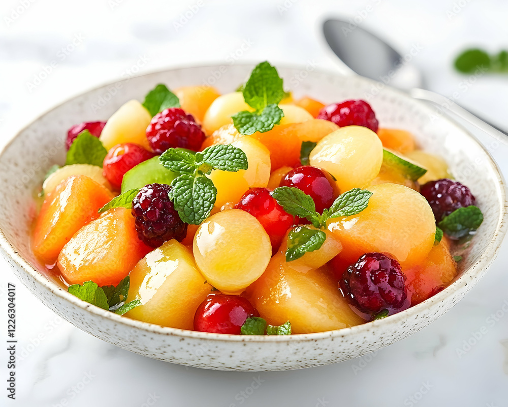 Delicious and refreshing summer fruit salad in a bowl, featuring cantaloupe, raspberries, blackberries, and cranberries. Perfect for a healthy and vibrant meal. Delicious and refreshing summer fruit salad in a bowl, featuring cantaloupe, raspberries, blackberries, and cranberries. Perfect for a healthy and vibrant meal.