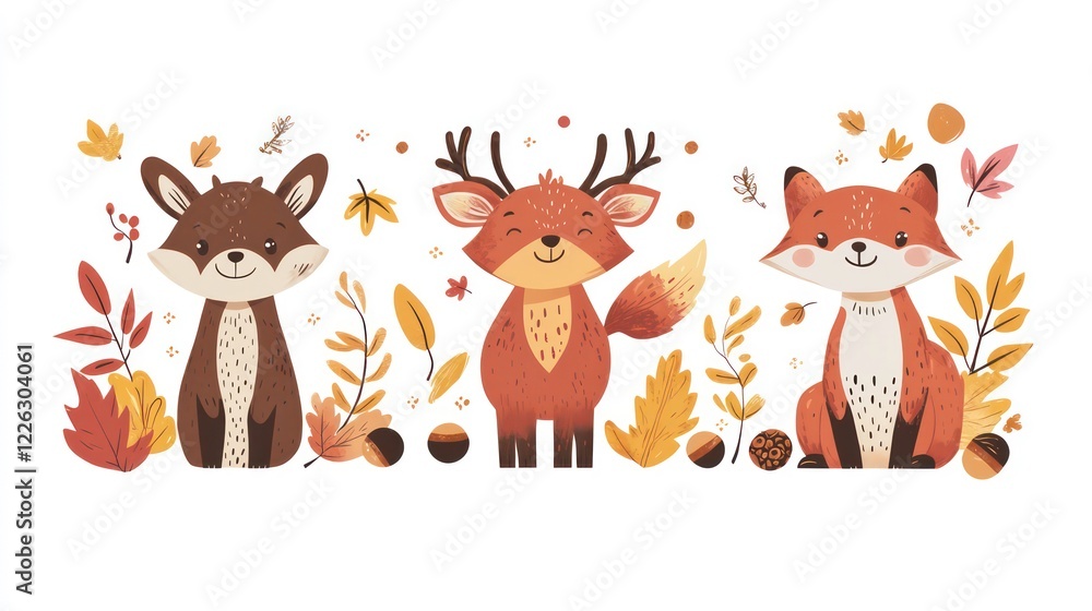 Obraz premium Cute Woodland Creatures: Autumn Illustration: A charming collection of woodland creatures, including a deer, a bear, and a fox, adorned with vibrant autumn leaves and acorns.