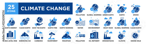 Climate Change icon collection set. Containing design Pollution, Global Warming, Green Earth, Earth, Smoke	
