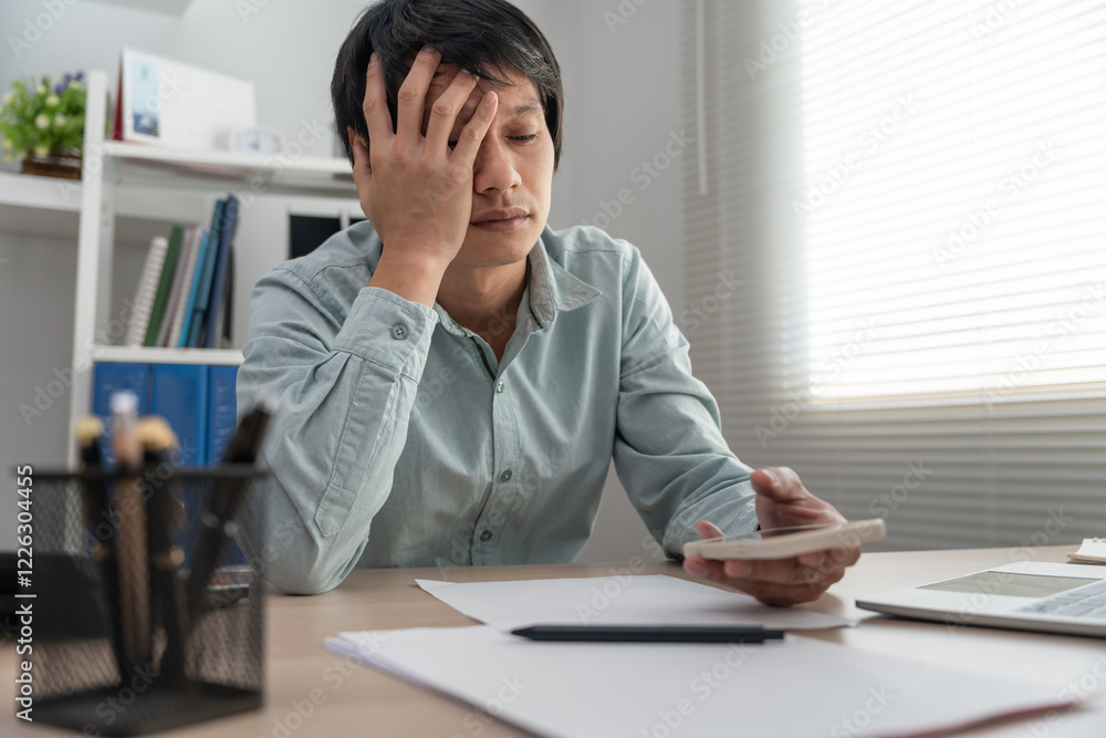 Stressed and headache asian man with large bills or invoices no money to pay to expenses and credit card debt. shortage, Financial problems, mortgage, loan, bankruptcy, bankrupt, poor, empty wallet Stressed and headache asian man with large bills or invoices no money to pay to expenses and credit card debt. shortage, Financial problems, mortgage, loan, bankruptcy, bankrupt, poor, empty wallet