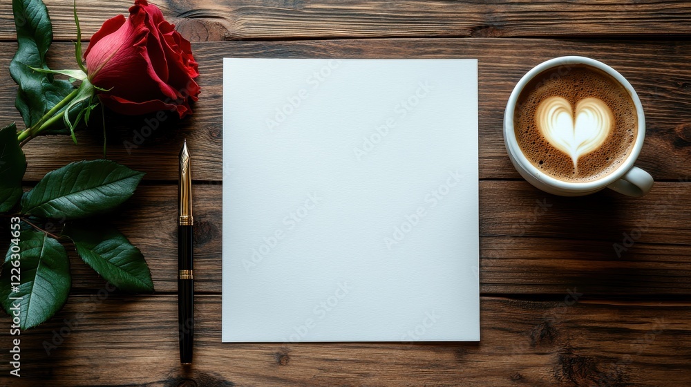 Top view of Blank white paper lying on a wooden table, pen, coffee with cream forming a heart and a single red rose. Template concept with copy space for text Top view of Blank white paper lying on a wooden table, pen, coffee with cream forming a heart and a single red rose. Template concept with copy space for text