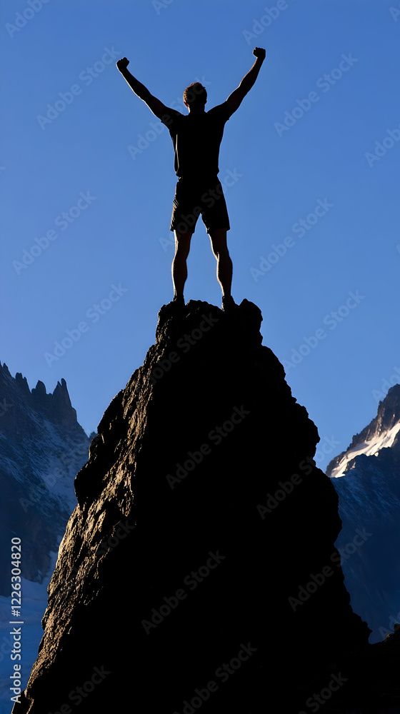 Man Triumphantly Stands on Mountain Peak Man Triumphantly Stands on Mountain Peak