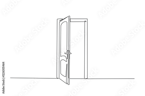 Opened door in continuous one line drawing. Single line art draw of open doors. Editable vector.