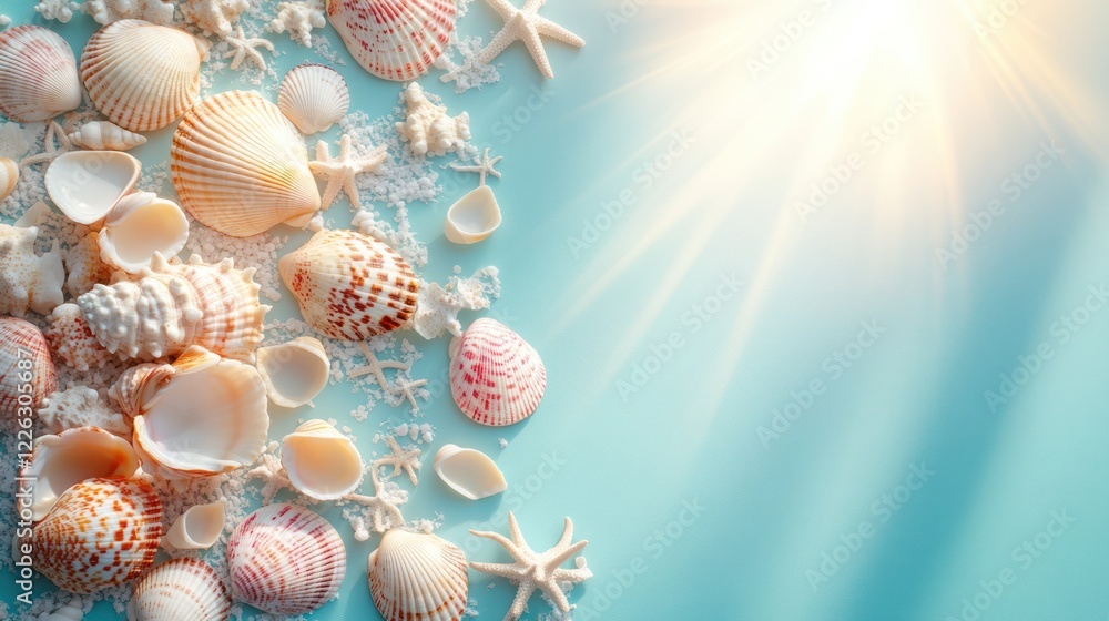 Seashells, starfish, sand on blue background with sun rays. Seashells, starfish, sand on blue background with sun rays.