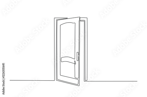 Opened door in continuous one line drawing. Single line art draw of open doors. Editable vector.