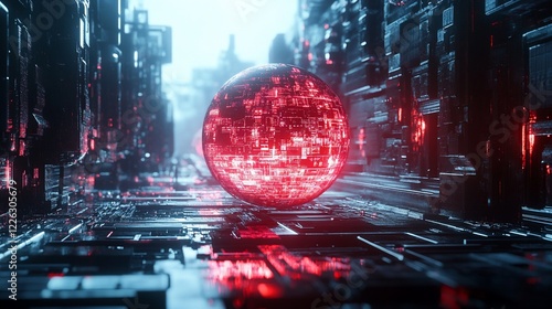 Cyberpunk Cityscape: Glowing Sphere in Futuristic Alley