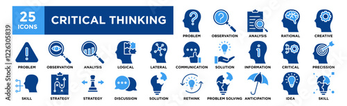 Critical Thinking icon collection set. Containing design Problem , Observation, Analysis, Rational, Creative, Good Communication	