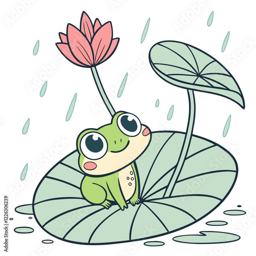 Wallpaper Mural Cute Cartoon Frog Sitting on a Lotus Leaf with a Small Flower. Perfect for: Rainy Season Festivals, Nature Awareness Events Torontodigital.ca
