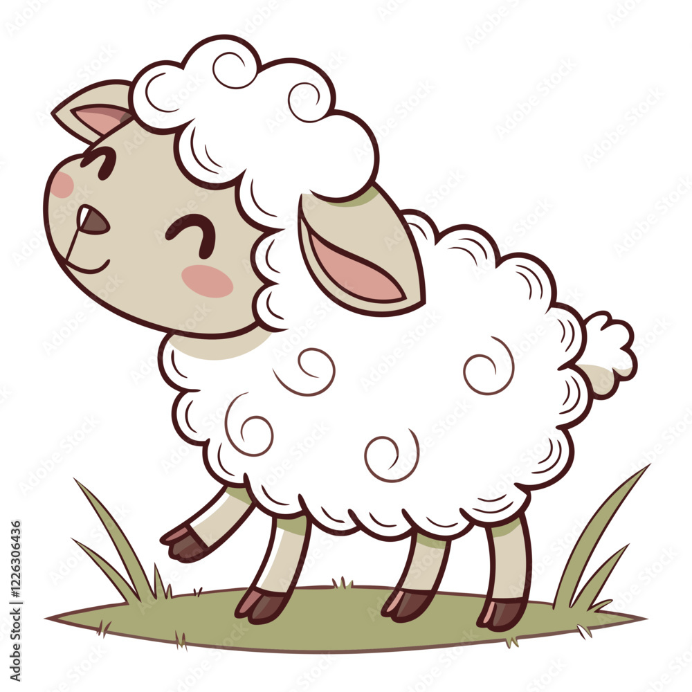 Obraz premium Adorable Cartoon Sheep with Curly Wool on Grass Patch. Perfect for: Farm Festivals, Easter, Children's Books