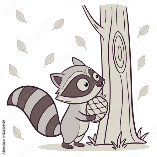 Cute Cartoon Raccoon Holding a Pinecone by a Tree Trunk. Perfect for: Autumn Festivals, Forest-Themed Events