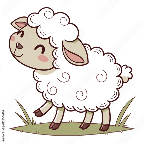 Adorable Cartoon Sheep with Curly Wool on Grass Patch. Perfect for: Farm Festivals, Easter, Children's Books