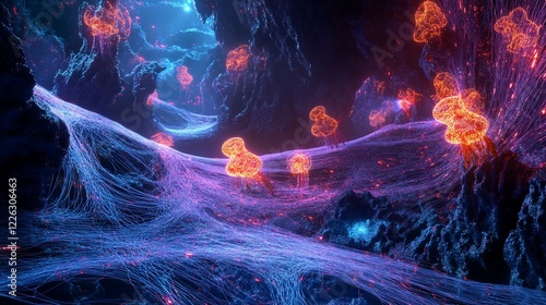 Glowing Jellyfish in a Bioluminescent Cave