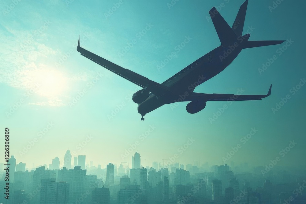 Airplane Silhouette Descending Over a Hazy City at Dawn Airplane Silhouette Descending Over a Hazy City at Dawn