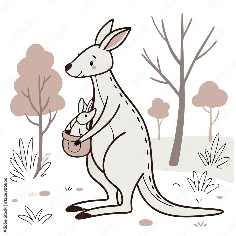 Obraz premium Cute Hand-Drawn Cartoon Kangaroo Holding a Small Pouch. Perfect for: Australia Day, Mother's Day, Wildlife Awareness