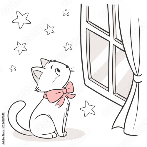 Cute Cartoon Cat Sitting by a Window with Star Patterns. Perfect for: International Cat Day, Cozy Home Themes, Pet Adoption Events