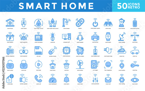 Smart Home icons set with smart house, smart switch, smart water control, smart water level control, smart shower, keyless, smart power system, smart stove icon. Simple retro vector 
