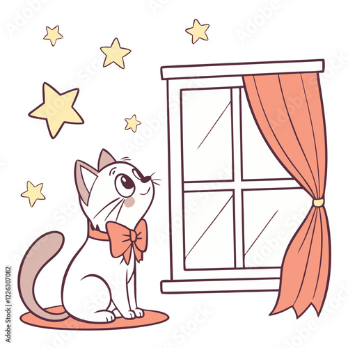 Cute Cartoon Cat Sitting by a Window with Star Patterns. Perfect for: International Cat Day, Cozy Home Themes, Pet Adoption Events