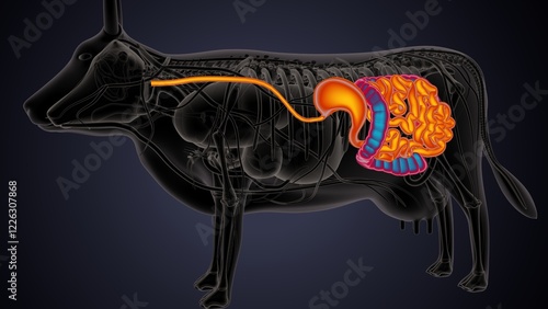 cow digestive system lungs and large intestine system anatomy. 3d illustration