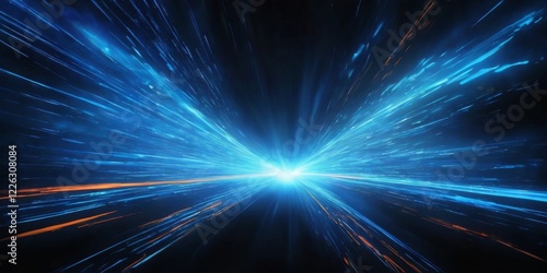 Abstract digital art depicting a colorful tunnel of light with radiating blue rays and scattered orange and red rays.