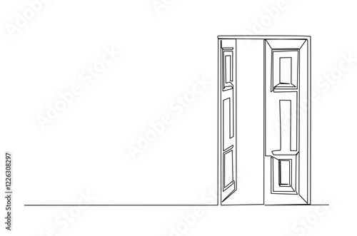 Opened door in continuous one line drawing. Single line art draw of open doors. Editable vector.