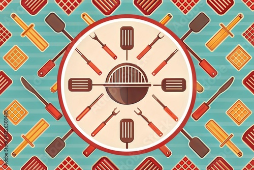 Grill Poster. Pattern with Utensils for Barbecue.  Background for your design works. Vector illustration. photo