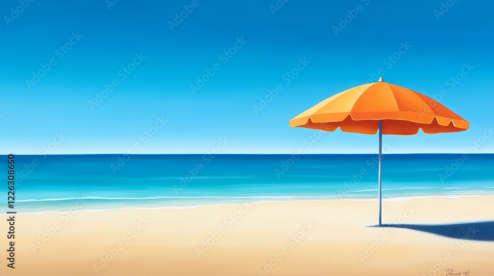 Vibrant beach scene featuring a bright orange umbrella on sandy shore with calm ocean waves Vibrant beach scene featuring a bright orange umbrella on sandy shore with calm ocean waves