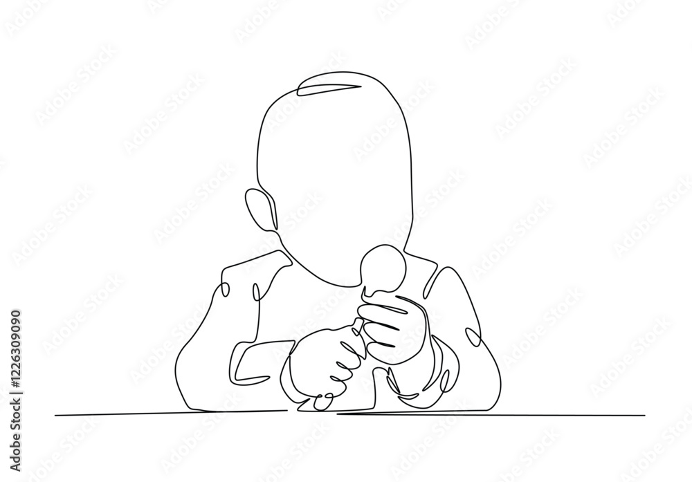 Cute baby holding spoon in continuous one line drawing. Single line art draw of baby boy spoon eats itself . Editable vector. Cute baby holding spoon in continuous one line drawing. Single line art draw of baby boy spoon eats itself . Editable vector.