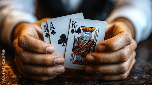 Close-up of Hands Holding a Pair of Aces and a King in a Poker Game
