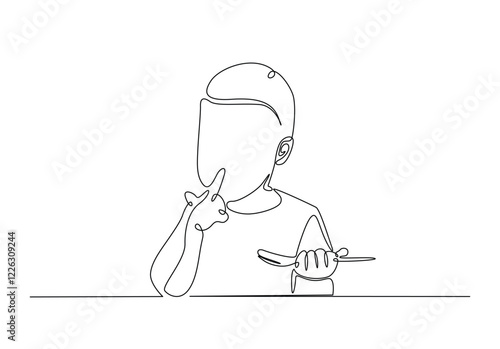 Cute baby holding spoon in continuous one line drawing. Single line art draw of toddler holding spoon. Editable vector.