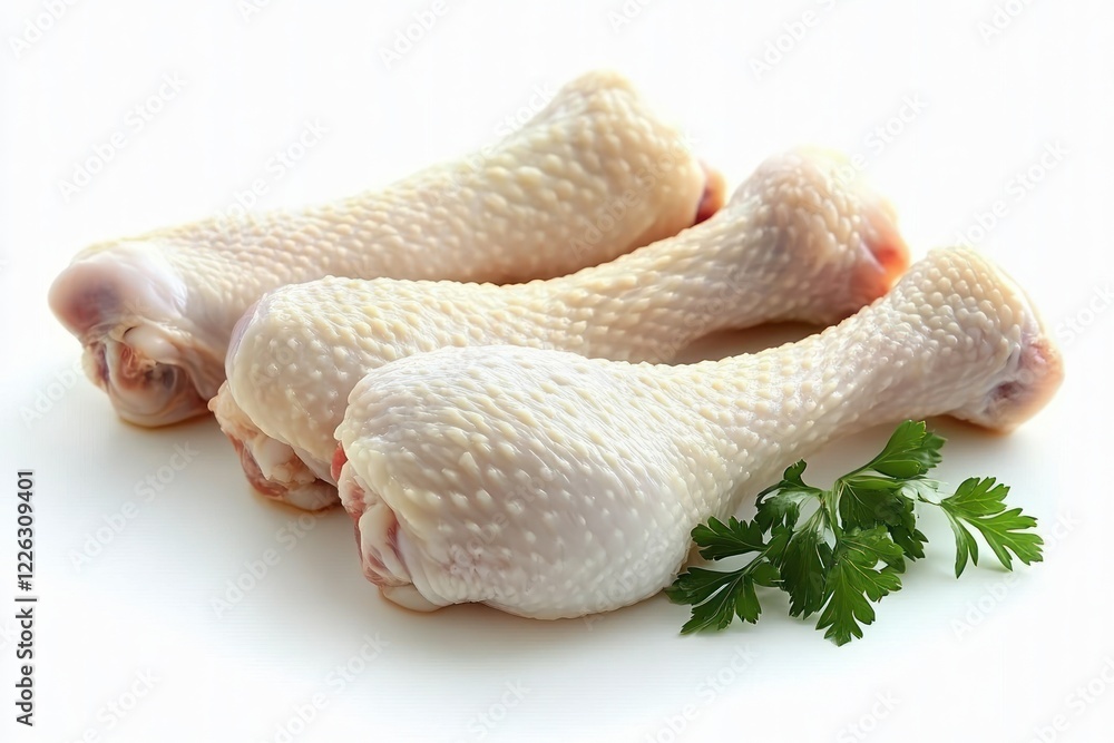 Hyper-realistic raw chicken legs with parsley in bright natural light Hyper-realistic raw chicken legs with parsley in bright natural light