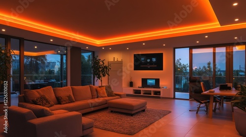Wallpaper Mural Modern living room with orange LED cove lighting, sectional sofa, and city view. Torontodigital.ca