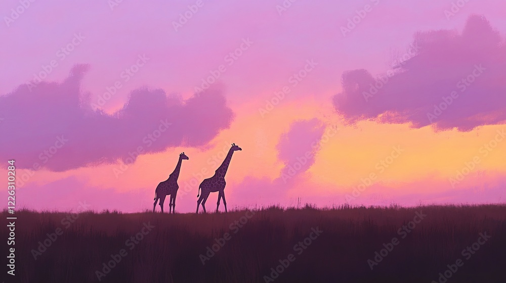 Fototapeta premium Two Giraffes Walking Across a Field at Sunset with a Pink and Orange Sky Landscape