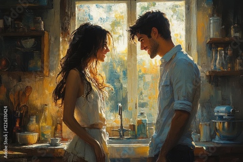 Playful couple singing and dancing in bright kitchen enjoying carefree moments together in warm morning light photo