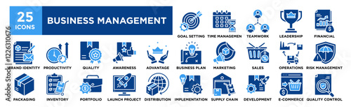 Business Management icon collection set. Containing design Goal Setting, Time Management, Teamwork, Leadership, Financial Management	