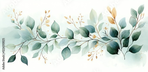 Watercolor Botanical Illustration with Green Leaves and Gold Accents for Wedding Invitations and Greeting Cards