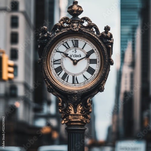 Ornate antique clock on city street. photo