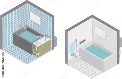 アイソメトリックなバランス釜からのお風呂のイメージ素材
