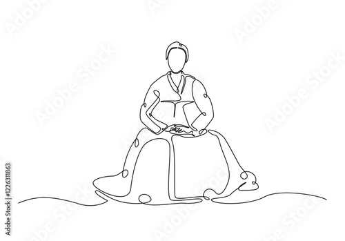 Woman wearing korean hanbok dress in continuous one line drawing. Single line art draw of young Korean woman wearing hanbok . Editable vector.