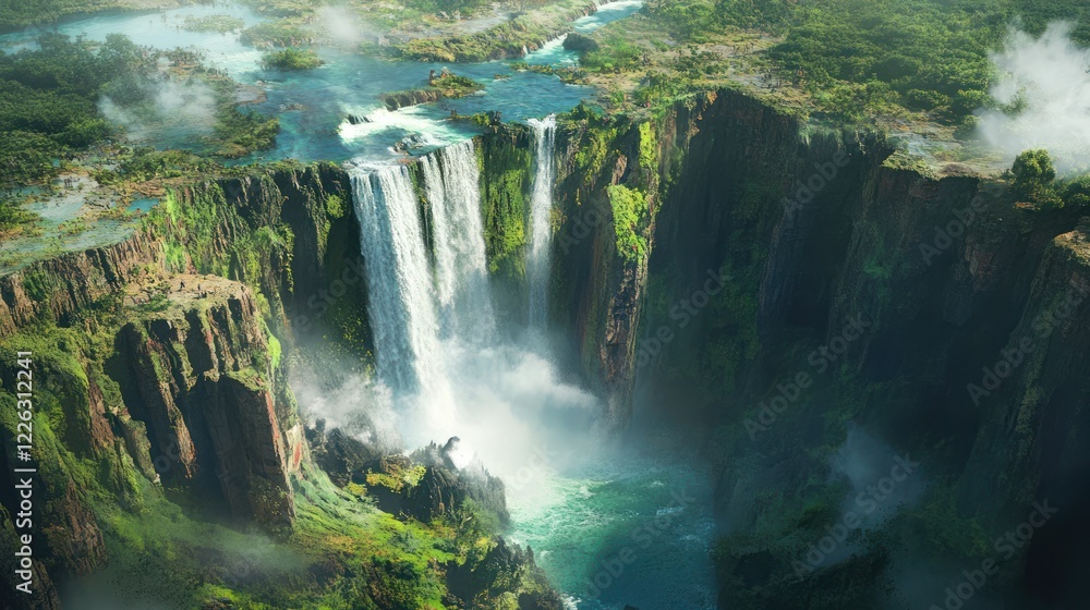 Aerial view of majestic waterfalls cascading into lush jungle Aerial view of majestic waterfalls cascading into lush jungle