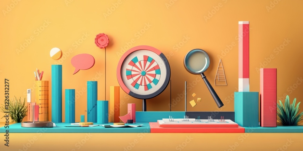 Abstract 3D Render of Business Strategy and Data Analysis with Colorful Charts and Target Abstract 3D Render of Business Strategy and Data Analysis with Colorful Charts and Target