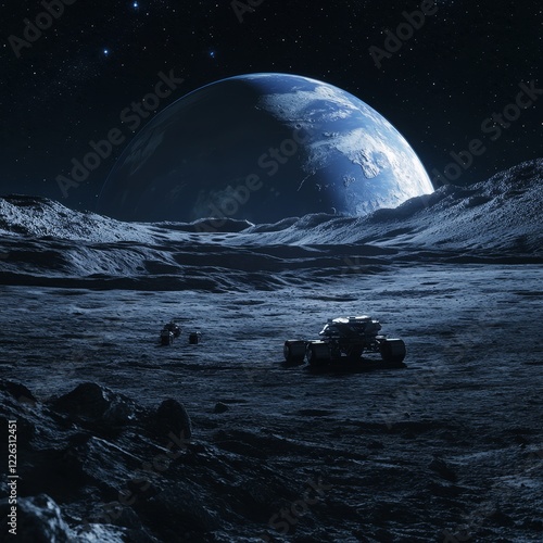 Lunar rover on moon surface with Earth in background. (2) photo