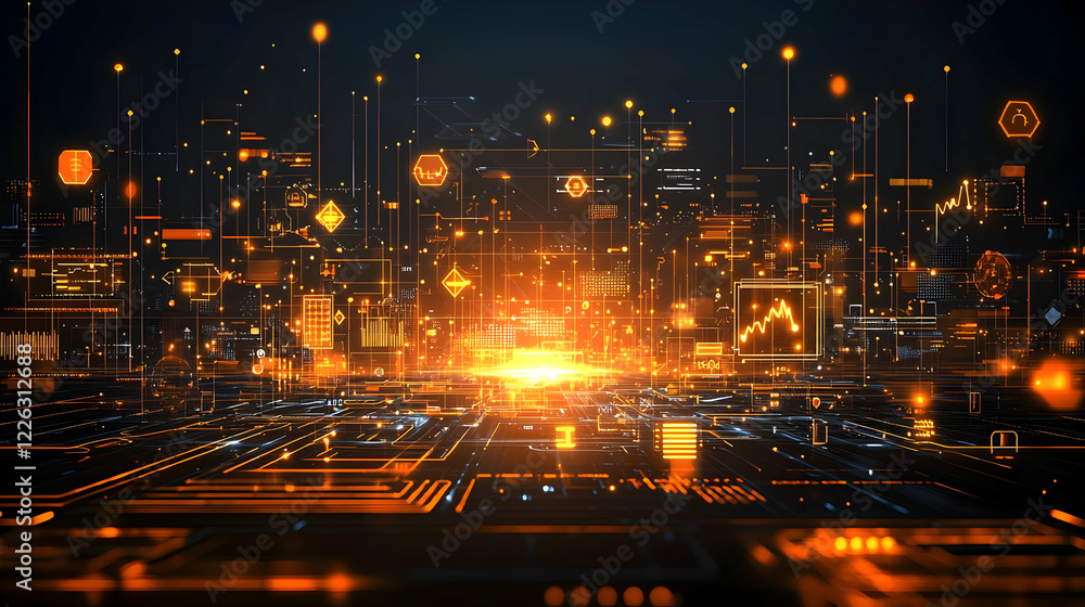 Digital cityscape, glowing data streams, network, technology, future Digital cityscape, glowing data streams, network, technology, future