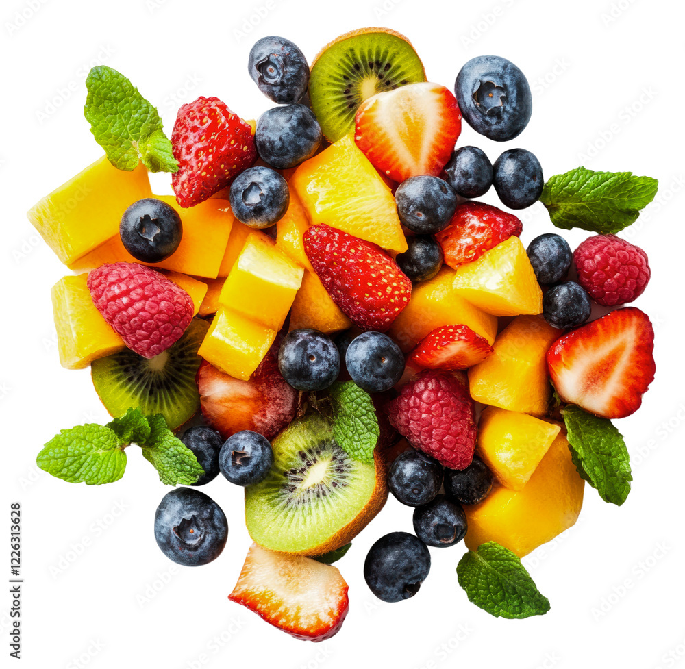 Obraz premium Fresh fruit salad with mint and vibrant colors isolated on transparent background