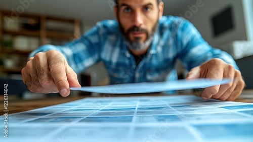 Focused Man Reviewing Photo Prints,  Close-up of Hands Examining Detailed Images,  Intense Concentration on a Project, Professional Photographer's Work