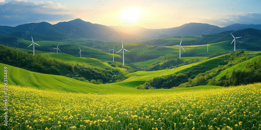 Fototapeta premium Wind turbines generating electricity in a beautiful natural setting, embodying the harmonious coexistence of nature and technology for sustainable energy production