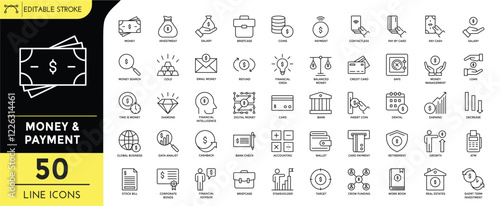 Money and payment line editable icons set. Editable Stroke. Money, investment, salary, contactless, safe, bank, bank check, data analist, stock bill, target, crow fund, and more. Vector Illustration. photo