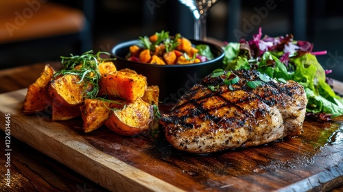 Grilled chicken steak with sweet potatoes and salad on wooden board