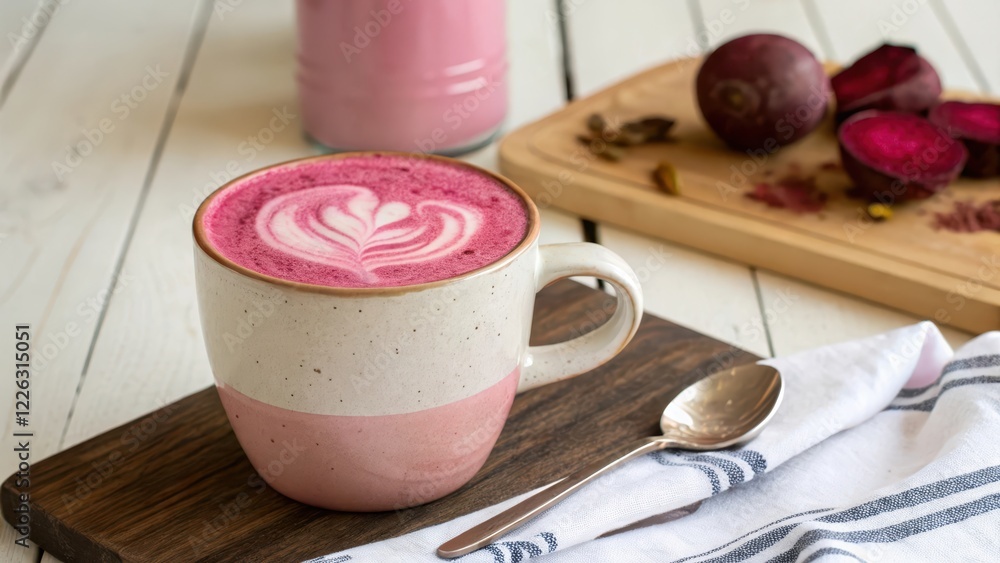 Aromatic Beetroot Latte with Heart Design in a Speckled Mug Aromatic Beetroot Latte with Heart Design in a Speckled Mug